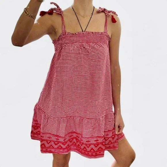 OLD NAVY Smocked Embroidered Tiered Red White Gingham Plaid Mini Dress w Pockets - Picture 4 of 14
